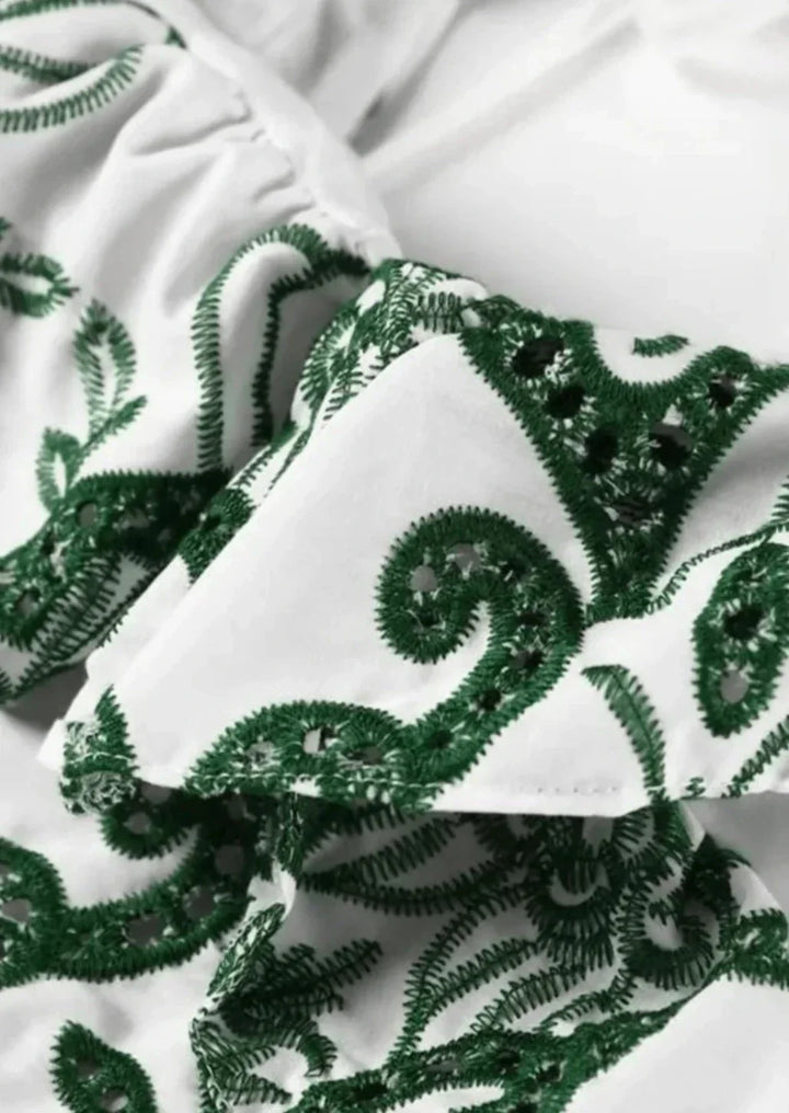 Amalia | Long Cotton Summer Dress with Open Back – White-Green