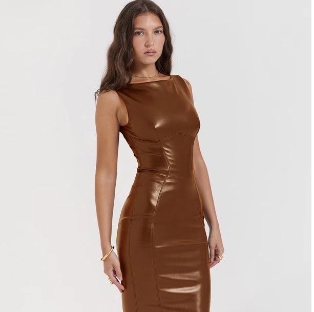 Vegan Leather Maxi Dress - Bodycon Style
