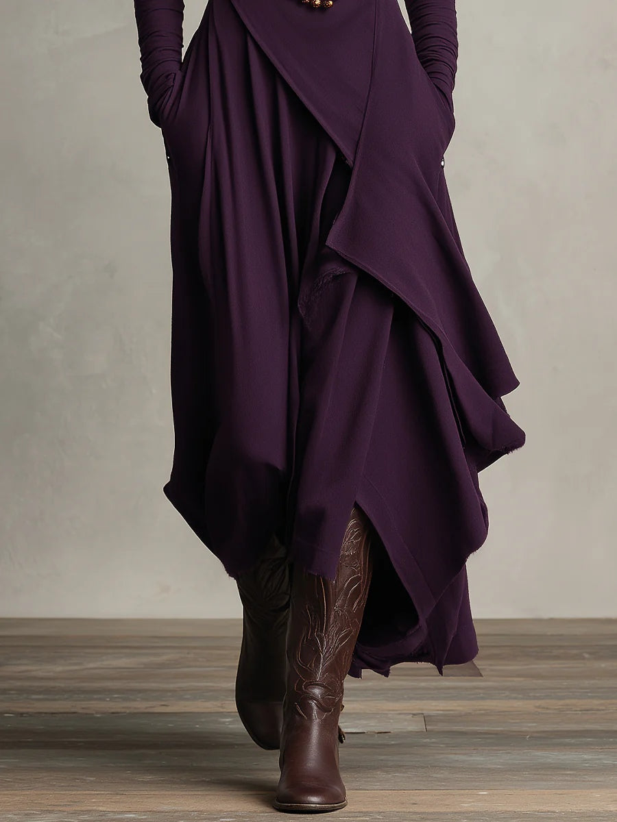 Purple High-neck Asymmetrical Pleated Maxi Dress