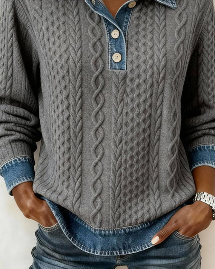 Grey Denim Collar Cable Long Sleeve Sweater