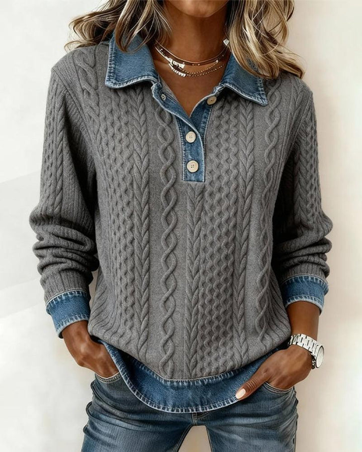 Grey Denim Collar Cable Long Sleeve Sweater