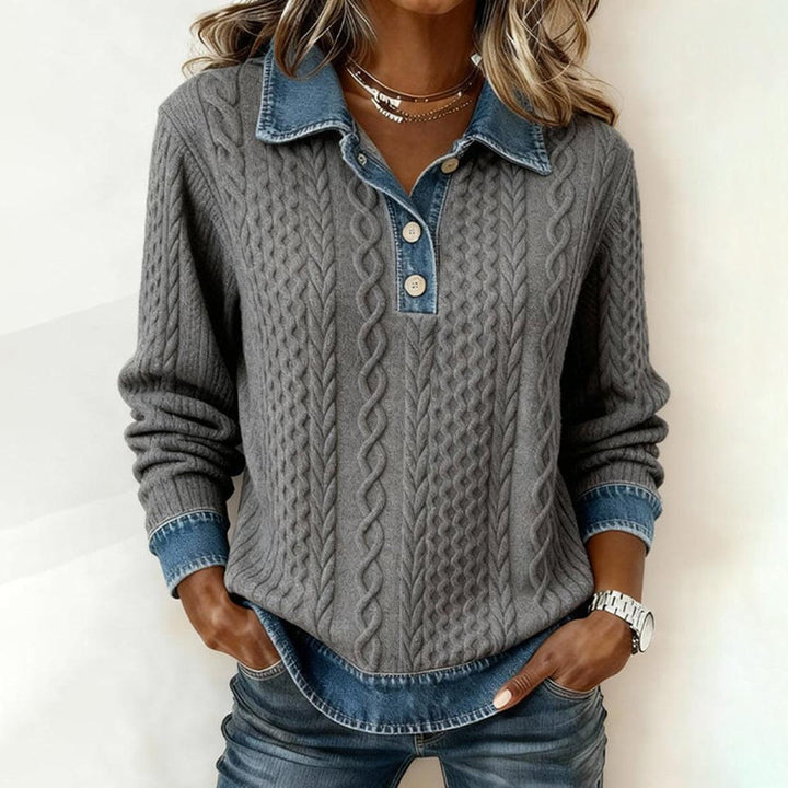 Grey Denim Collar Cable Long Sleeve Sweater