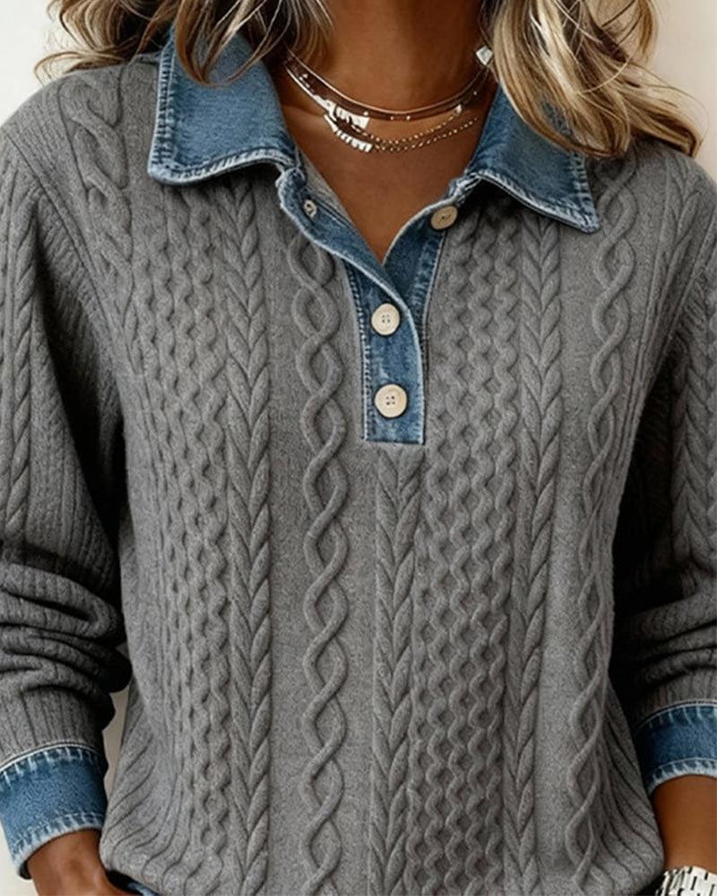 Grey Denim Collar Cable Long Sleeve Sweater