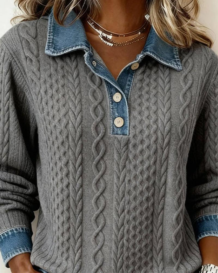 Grey Denim Collar Cable Long Sleeve Sweater