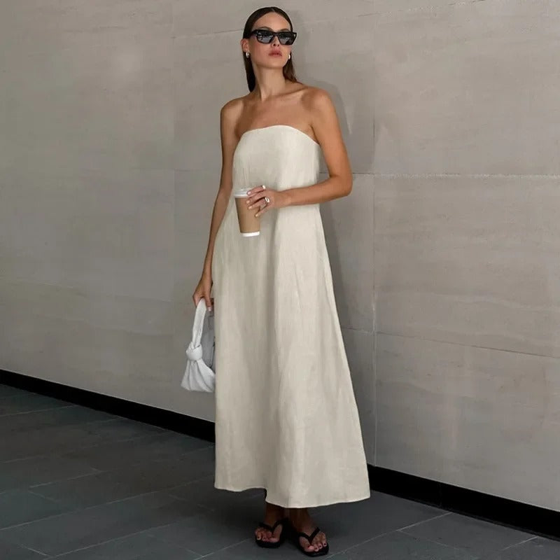 Hind | Maxi Strapless Linen Dress - Minimalist Elegance