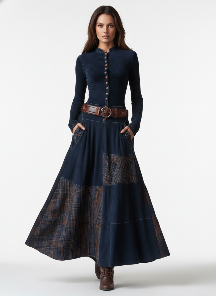 Leonora | Vintage Long Dress in Navy Blue Suede Check (Includes Belt)