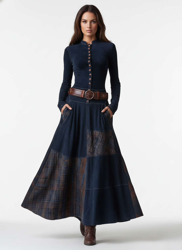 Leonora | Vintage Long Dress in Navy Blue Suede Check (Includes Belt)