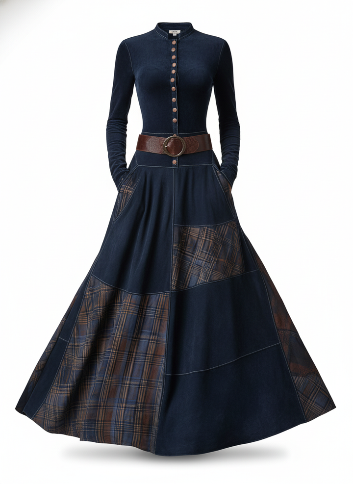 Leonora | Vintage Long Dress in Navy Blue Suede Check (Includes Belt)
