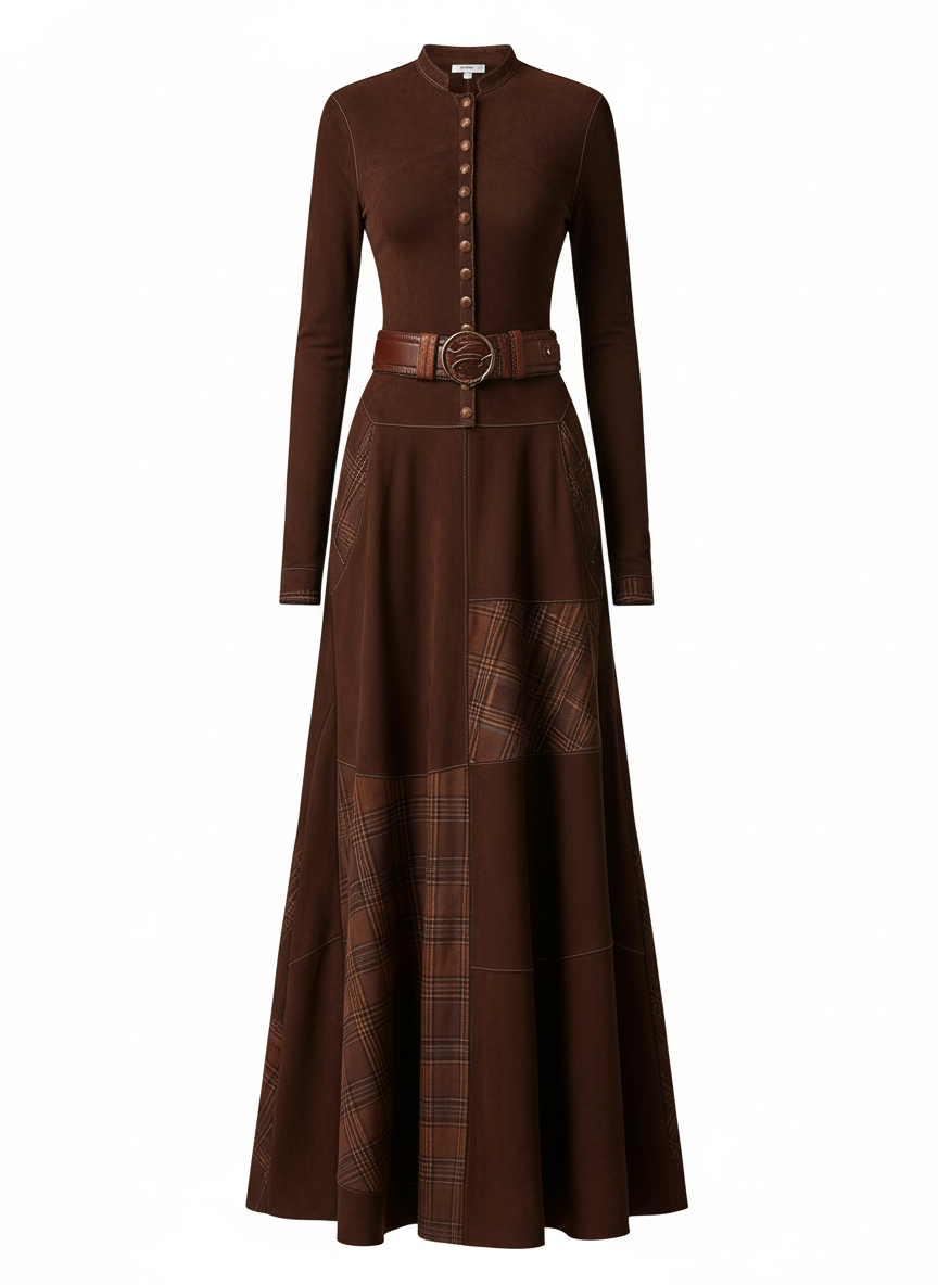 Leonora | Vintage Long Dress in Navy Blue Suede Check (Includes Belt)