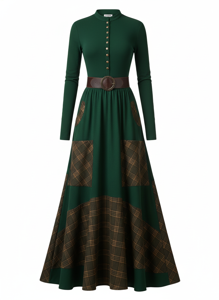 Leonora | Vintage Long Dress in Navy Blue Suede Check (Includes Belt)