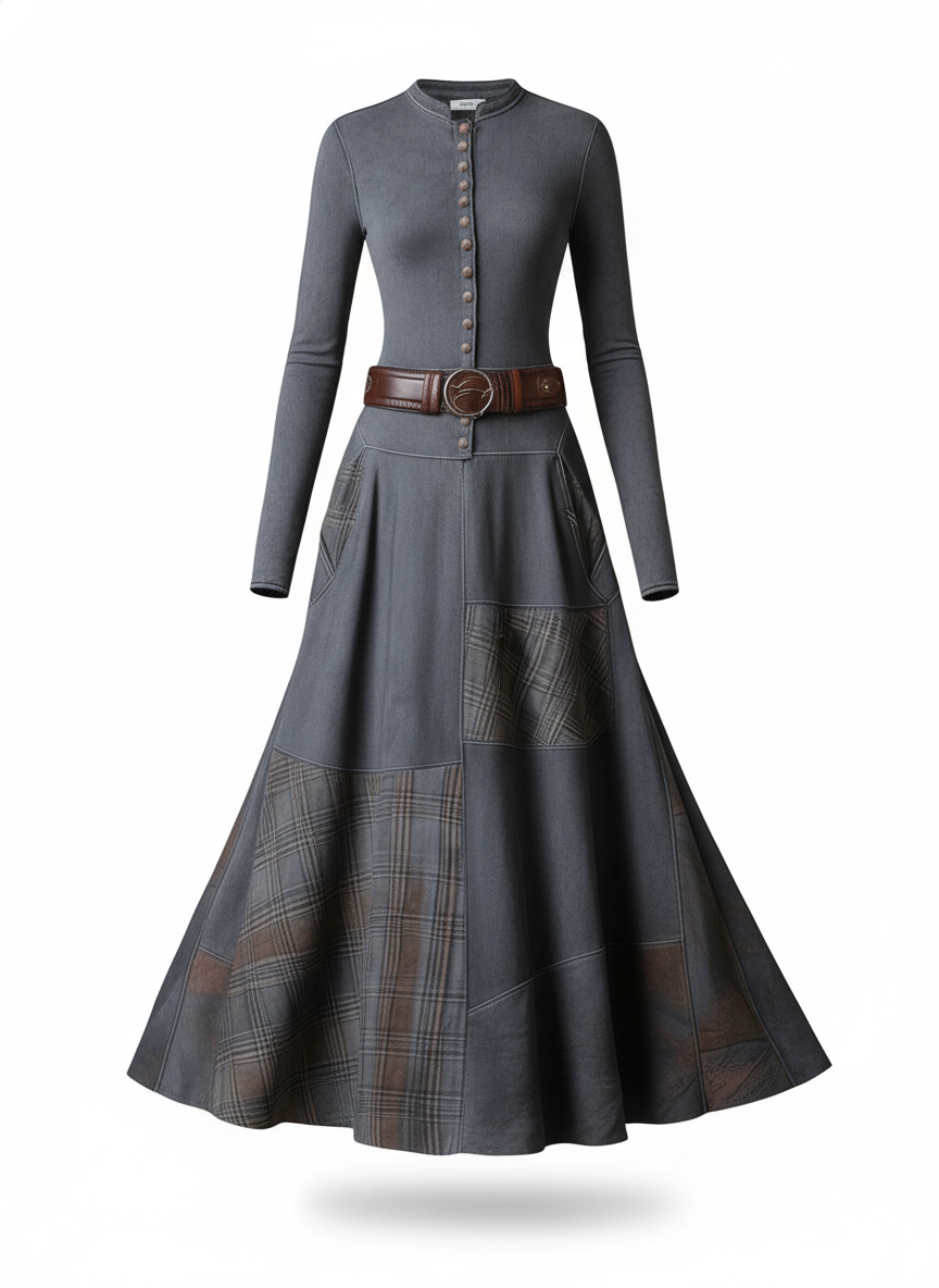 Leonora | Vintage Long Dress in Navy Blue Suede Check (Includes Belt)