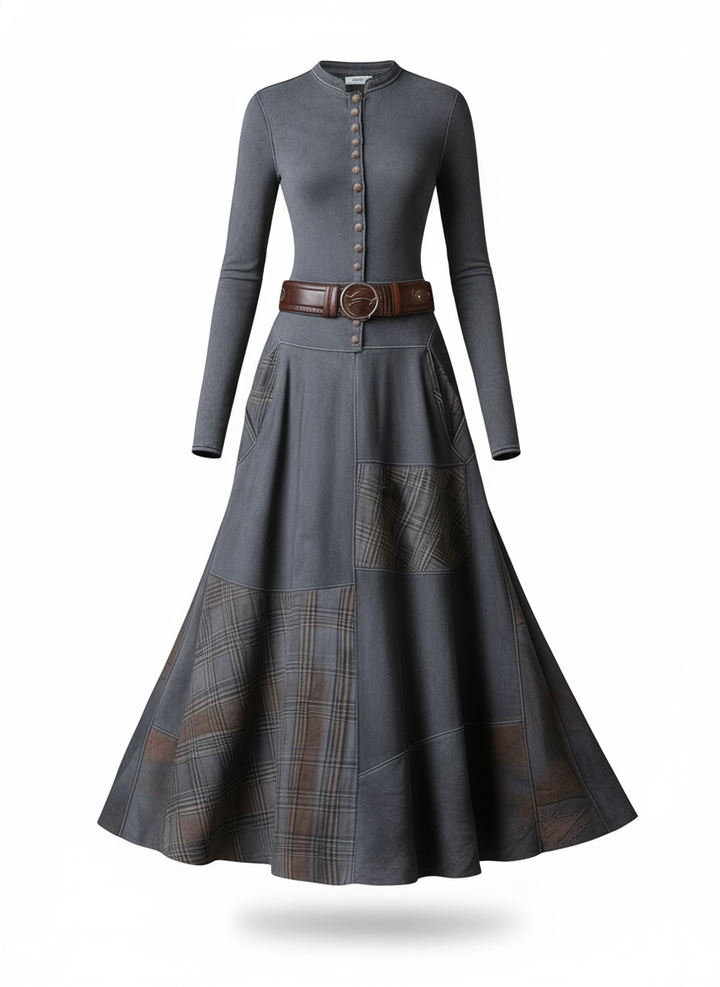 Leonora | Vintage Long Dress in Navy Blue Suede Check (Includes Belt)