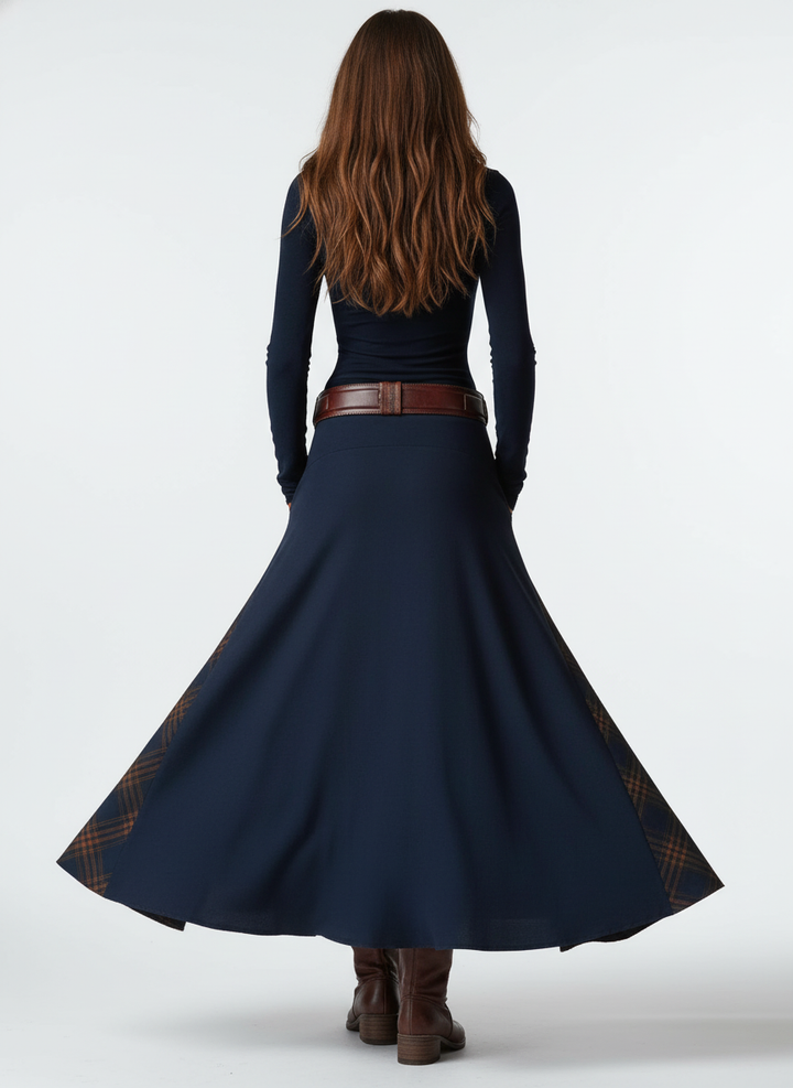 Leonora | Vintage Long Dress in Navy Blue Suede Check (Includes Belt)
