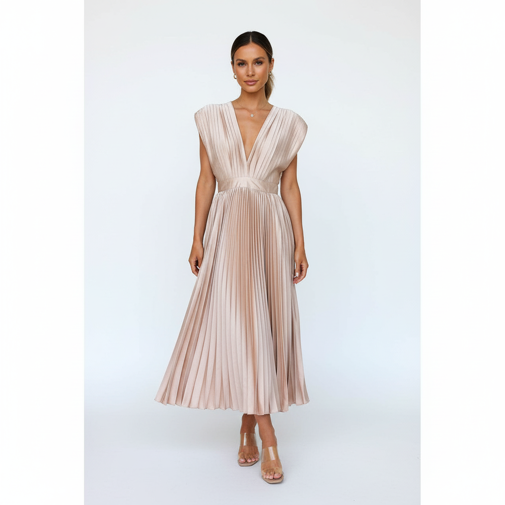 Demia | Elegant Ladies' Midi Dress with Pleated Skirt – V-Neck
