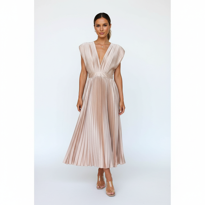 Demia | Elegant Ladies' Midi Dress with Pleated Skirt – V-Neck