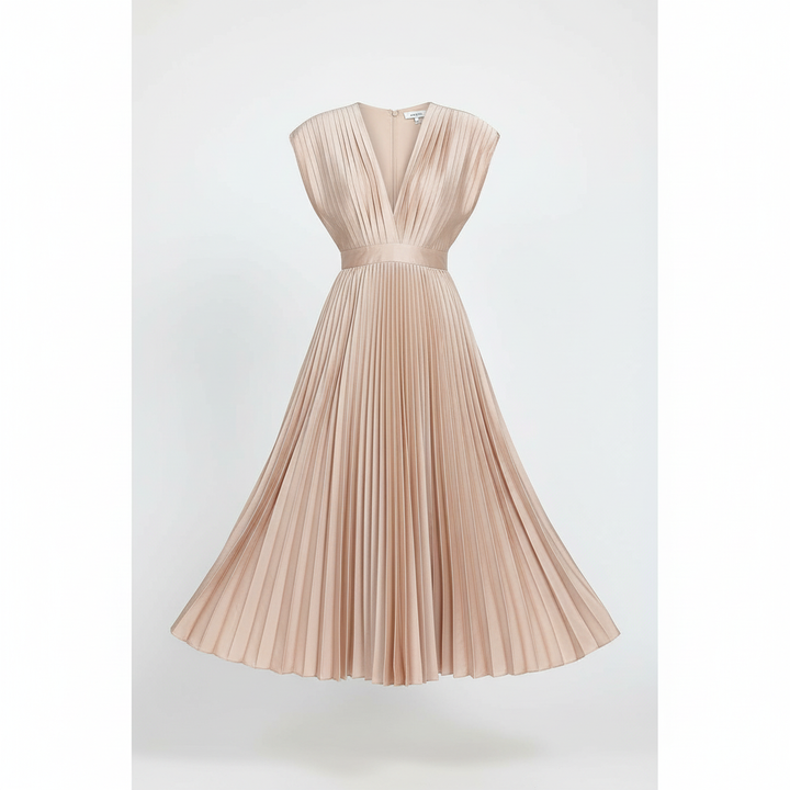 Demia | Elegant Ladies' Midi Dress with Pleated Skirt – V-Neck