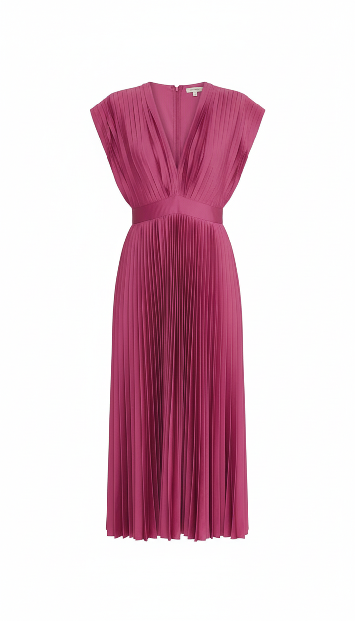 Demia | Elegant Ladies' Midi Dress with Pleated Skirt – V-Neck