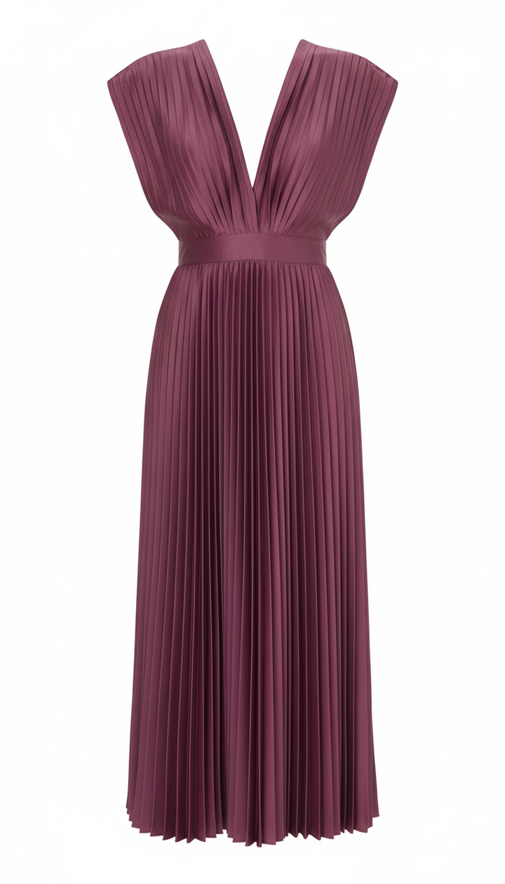 Demia | Elegant Ladies' Midi Dress with Pleated Skirt – V-Neck