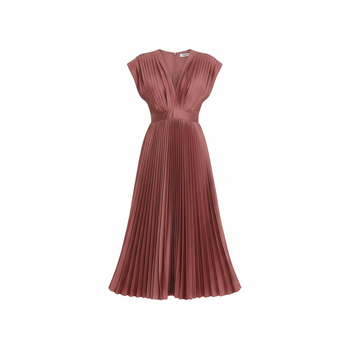 Demia | Elegant Ladies' Midi Dress with Pleated Skirt – V-Neck