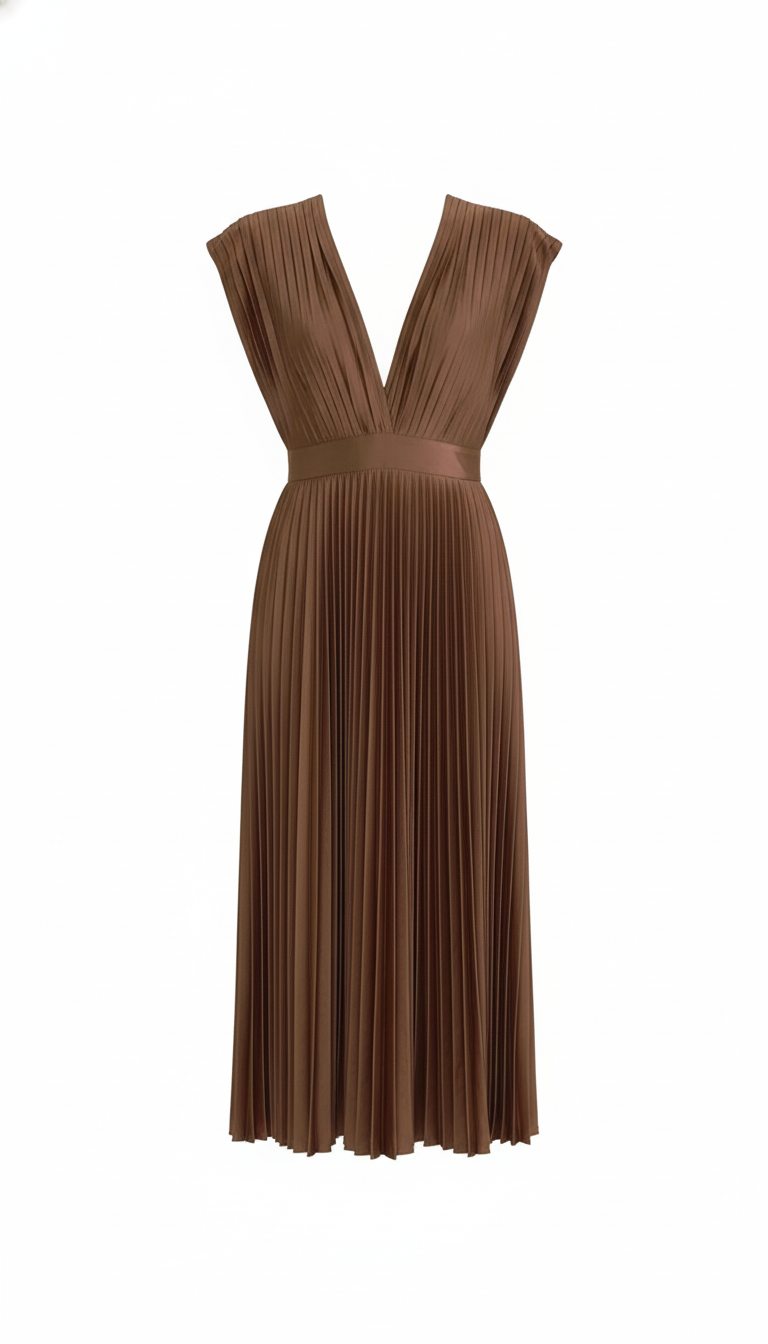Demia | Elegant Ladies' Midi Dress with Pleated Skirt – V-Neck