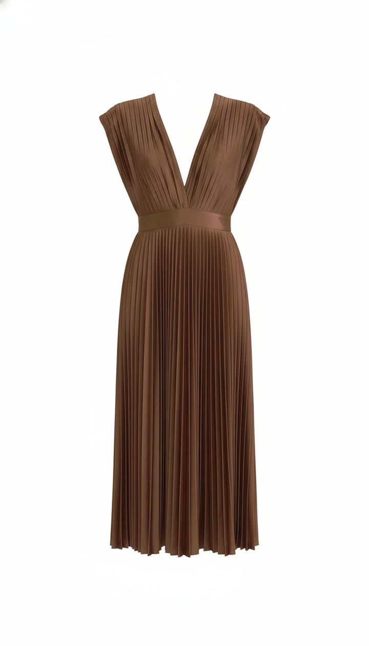 Demia | Elegant Ladies' Midi Dress with Pleated Skirt – V-Neck