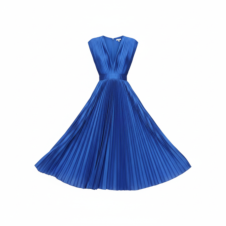 Demia | Elegant Ladies' Midi Dress with Pleated Skirt – V-Neck