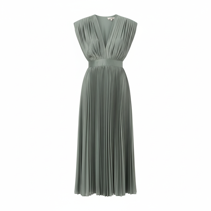 Demia | Elegant Ladies' Midi Dress with Pleated Skirt – V-Neck
