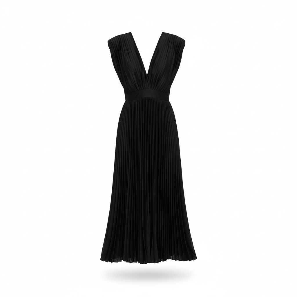 Demia | Elegant Ladies' Midi Dress with Pleated Skirt – V-Neck