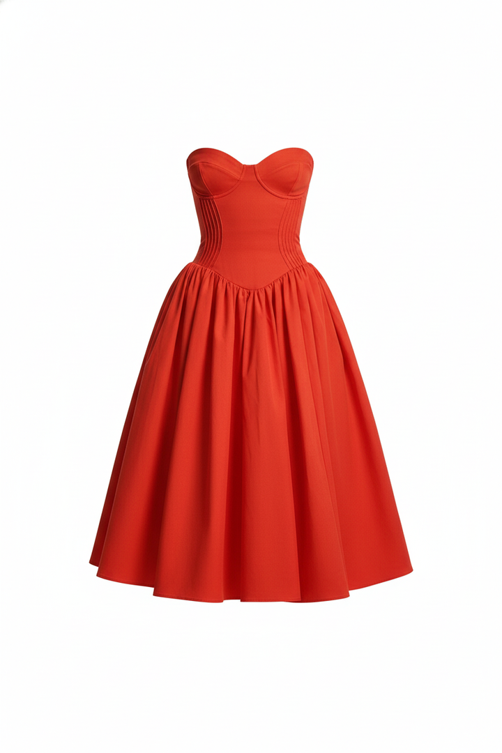 Yesmine | Strapless Red Midi Cocktail Dress for Ladies
