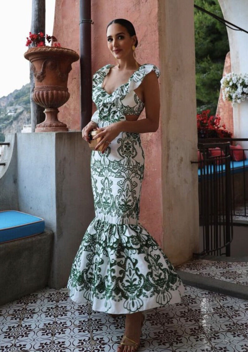 Amalia | Long Cotton Summer Dress with Open Back – White-Green