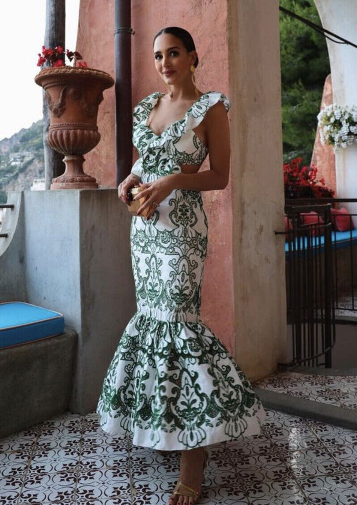 Amalia | Long Cotton Summer Dress with Open Back – White-Green