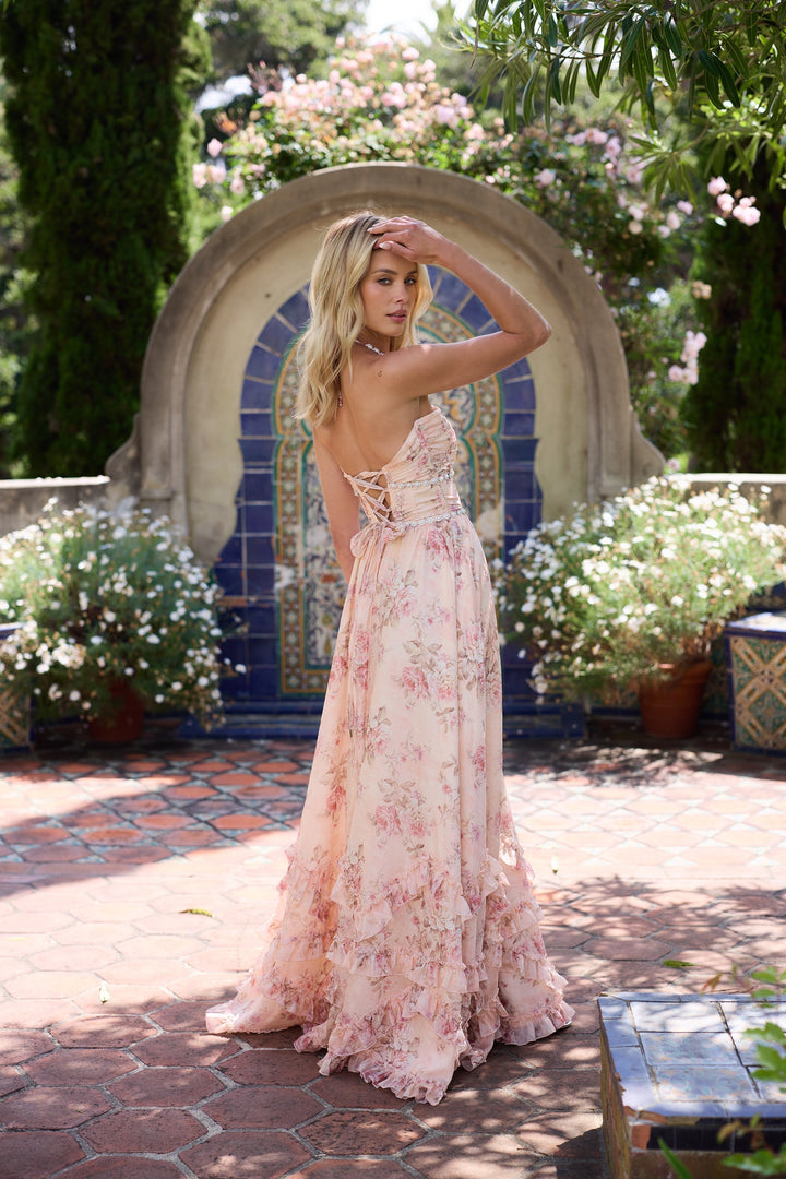 Orella | Maxi Dress Pink with Floral Print - Pearl Detail and Split