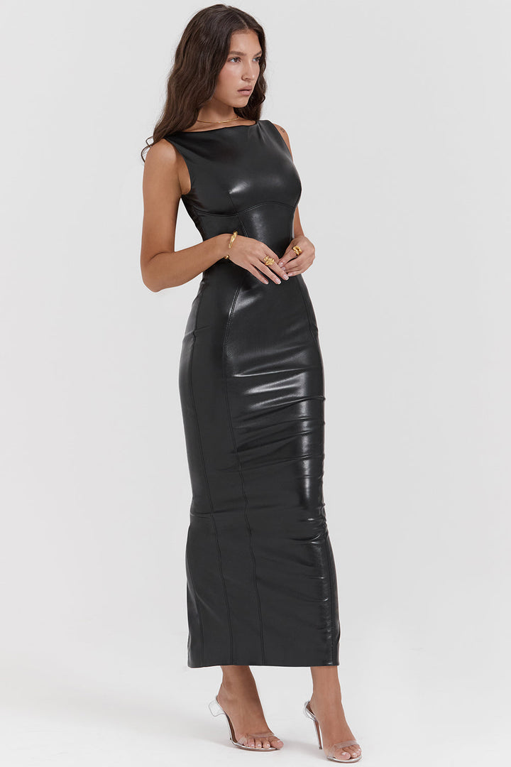 Vegan Leather Maxi Dress - Bodycon Style